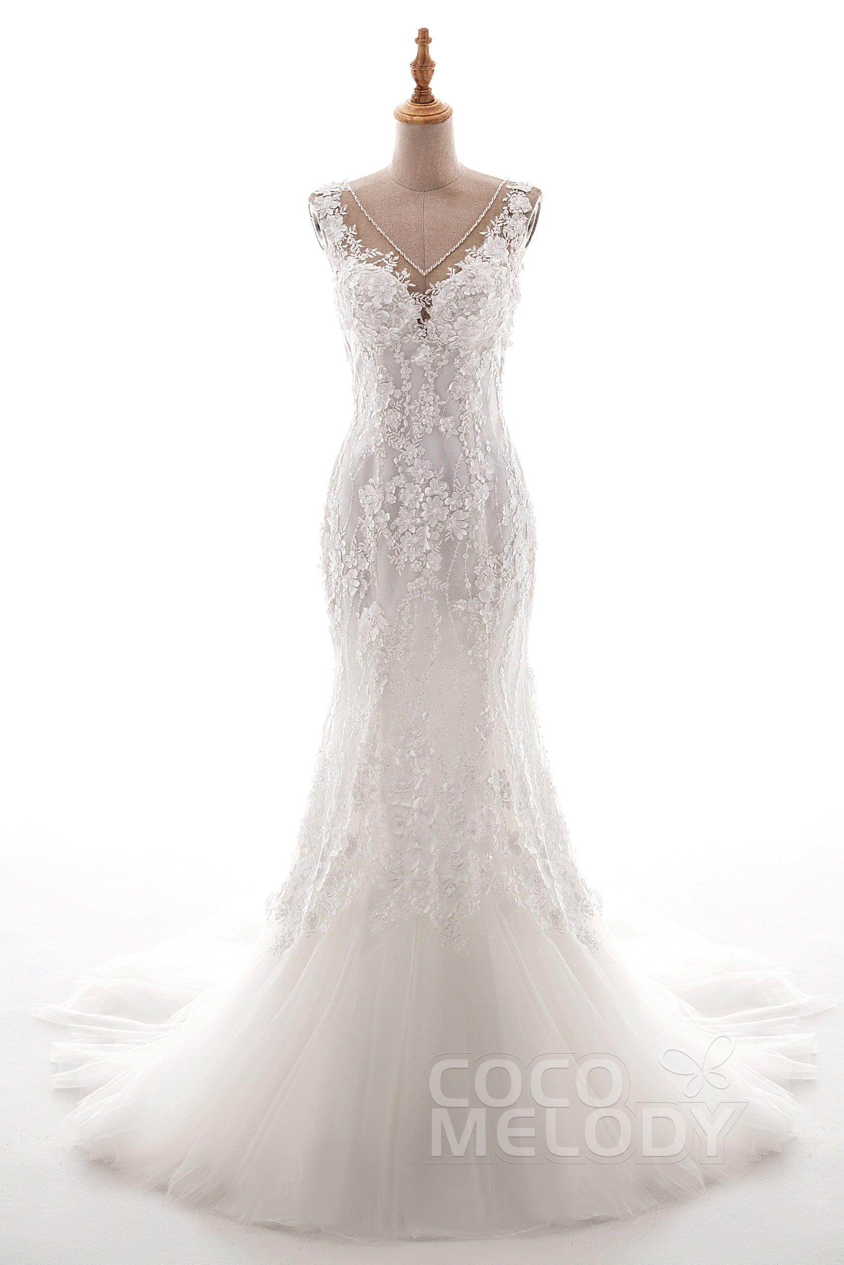 Trumpet-Mermaid Court Train Tulle Lace Wedding Dress LD5058 - COCOMELODY